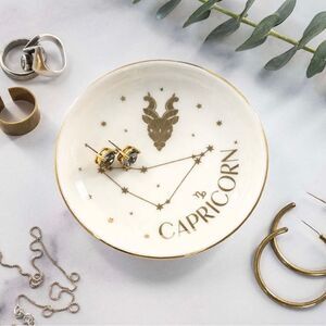 Capricorn Zodiac Jewelry Dish New Astrology Sign Ring Necklace Gold Accents